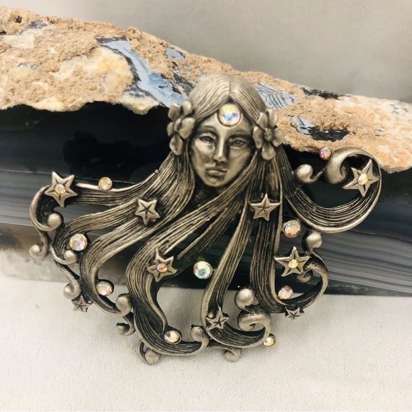 JJ Jonette Jewlery Pewter AB Rhinestone Goddess Asteria Brooch - Picture 6 of 16